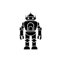 A stylized black silhouette of a classic, retro-futuristic robot standing upright against a white background.