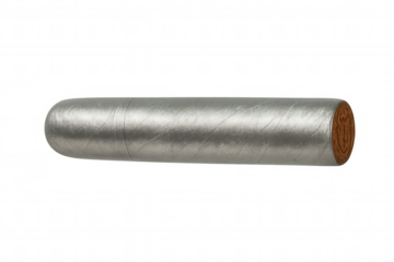 Silver cigar with visible tobacco leaf on one extremity resting horizontally on a transparent background