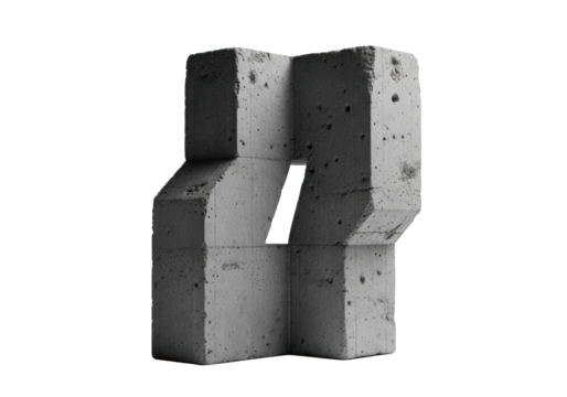 Monolithic abstract sculpture of rough charcoal grey concrete with geometric planes, on a transparent background with soft studio light, concept of foundational strength and permanence