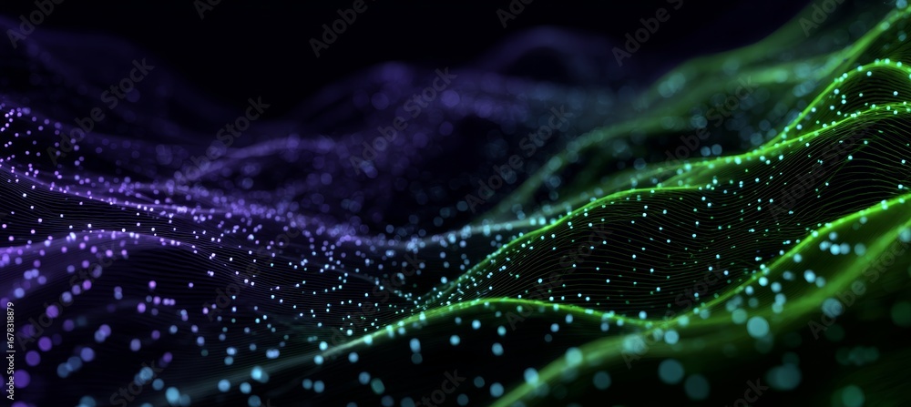 Poster purple green virtual wave. wireless blockchain network transfer. generative ai technology.