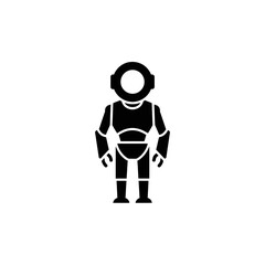 Black silhouette of a futuristic robot or an astronaut in a protective suit standing upright.