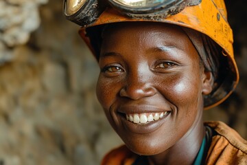 Female miner smiling in helmet