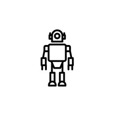 Minimalist line drawing of a robot standing upright, featuring a rectangular body, cylindrical head, and articulated limbs.