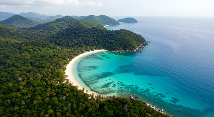 Obraz premium Aerial view of pristine tropical island beach with turquoise water and lush green forest