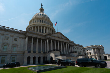 Obraz premium Congress building. American flag over Congress. United States government Congress landmark. Senate and Congress in Washington DC.