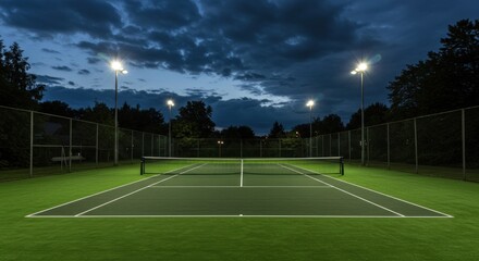 Fototapeta premium Empty illuminated tennis court at twilight under a cloudy sky.
