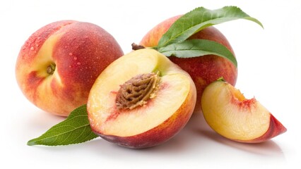 Fresh, juicy peaches with green leaves isolated on a white background
