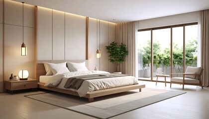 Fototapeta premium Modern minimalist bedroom with large windows