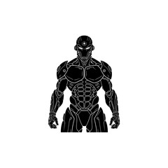 A strong, detailed silhouette of a futuristic cyborg, standing upright, showcasing its powerful design.