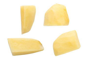 Collection of peeled and sliced raw potatoes isolated on a transparent background.