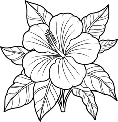 Elegant Hibiscus Flower Line Art Illustration with Detailed Leaves for Coloring and Creative Design Projects Black and White Floral Motif