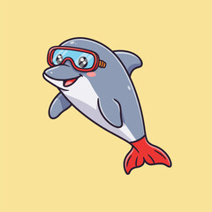 Smiling gray dolphin with red swim fins and blue goggles shows its pink tongue playfully, set against a light yellow background—radiating charm and aquatic fun.