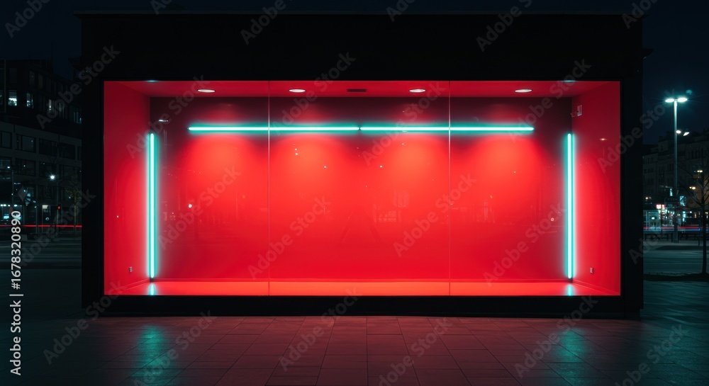 Poster an empty storefront window display with red background and blue neon lights, set against a dark urba