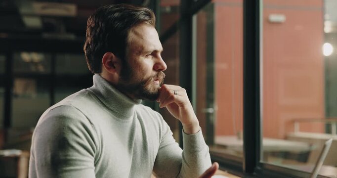 Business, thinking and man with laptop, doubt and decision with problem solving. Person, uncertain and journalist in workplace, contemplation and wonder with employee, copywriting and puzzled