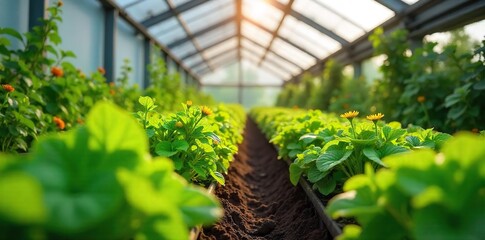 Lush green plants thrive in a modern greenhouse garden, sunlight streaming through the glass panels Healthy leaves and vibrant flowers showcase successful cultivation , produce, fresh, spring