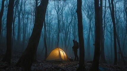 Aerial view of camping area in dense woods