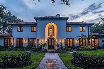 Luxury Mediterranean-style mansion with palm trees