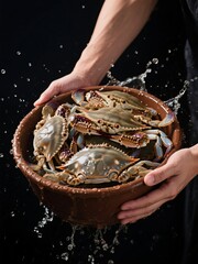 Image of Hands holding a bowl of fresh blue crabs with water splashing around printed on Printed Glass Basin Splashbacks