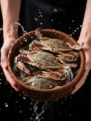 Image of Fresh blue crabs in a wooden bowl held by hands, with water splashing around printed on Printed Glass Splashbacks