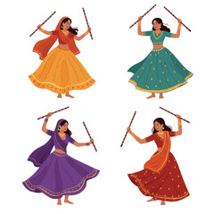Joyful women in vibrant traditional attire dance gracefully with dandiya sticks, celebrating Sharad Navratri in a 2D flat vector illustration isolated on a clean white background.