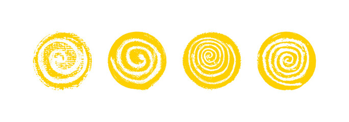 Set of yellow circles with spiral. Sun icons collection. Kid-style wax squiggle swirls show liquid splash motion, curvy spin movement, like on a school chalkboard. Vector illustration