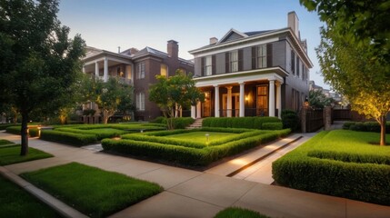 Two large residential houses at twilight with symmetrical architecture, prominent front porch, manicured lawn,