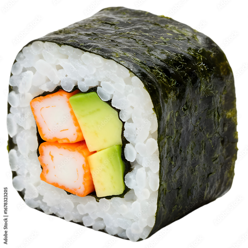 Poster close-up view of a sushi roll featuring crab and cucumber, set against a neutral background