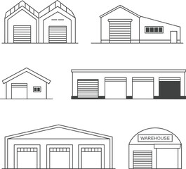 Warehouse buildings and storage icons set, industrial facilities, storage units, commercial warehouses, logistic centers, garage doors, modern warehouse design