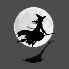 Silhouette of a Witch Flying on a Broomstick &ndash; Spooky Halloween Design, Adobe Illustrator Artwork
