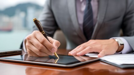 Digital contract signing by ceo in luxurious office environment showcasing modern business practices