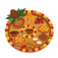 A vibrant flat 2D vector illustration of a traditional Sharad Navratri puja thali, meticulously arranged with ceremonial items, isolated on a clean white background for spiritual celebration.