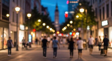Blurred street scene at dusk with people walking, illuminated shops, and buildings.