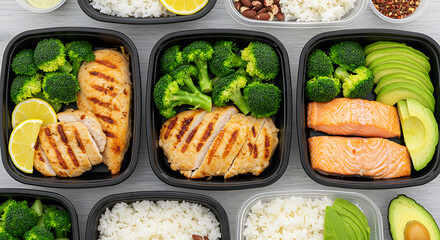 A collection of healthy meal prep containers arranged in a row, featuring balanced dishes with grilled chicken, salmon, broccoli, and rice for a weekly diet plan