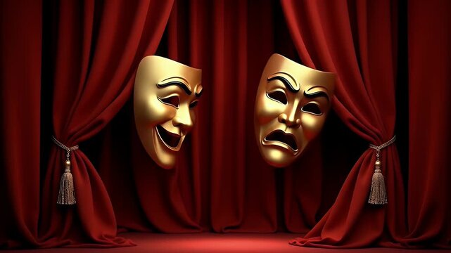A golden theatrical mask split into comedy and tragedy, surrounded by floating red velvet curtains and glowing spotlights.