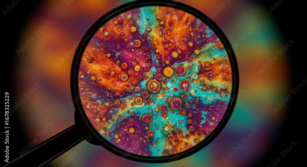 Poster abstract macro shot of colorful liquid mixture with swirling patterns, captured through a magnifying