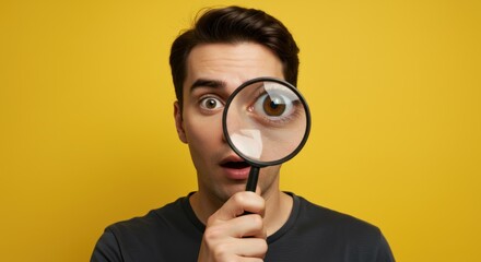 A surprised man peers through a magnifying glass, examining something closely with a yellow backdrop.