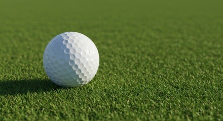 A white golf ball sits on a vibrant green lawn, ready for a game or practice.