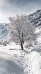 Obraz premium Snowy tree path in mountains