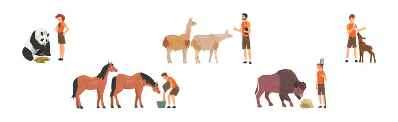 Man and Woman Zookeeper Engaged in Daily Care of Animal Vector Set © topvectors