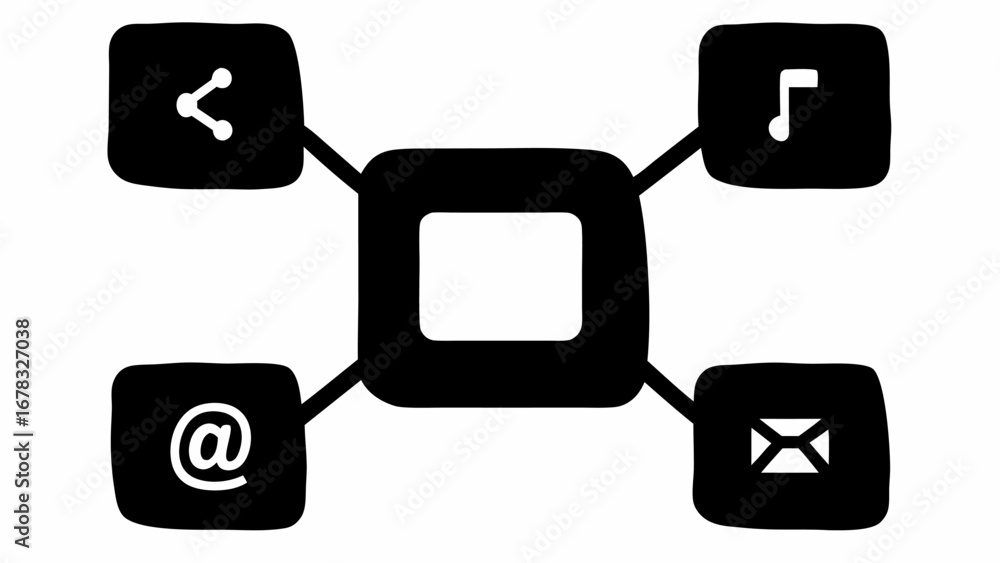 Poster black and white diagram featuring a central square connected to four icons representing functions si