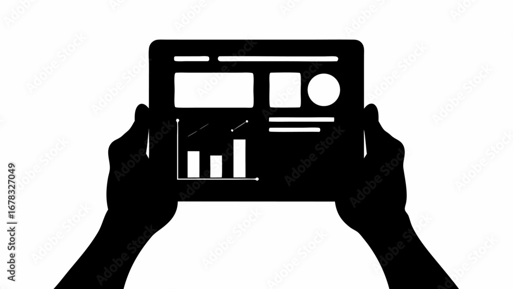 Poster silhouette of hands holding a tablet displaying a dashboard with charts and graphical information
