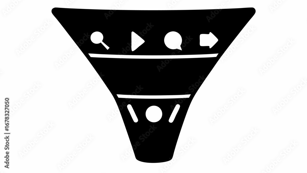 Aufkleber black funnel shape with magnifying glass play button speech bubble and arrow icons on white backgrou
