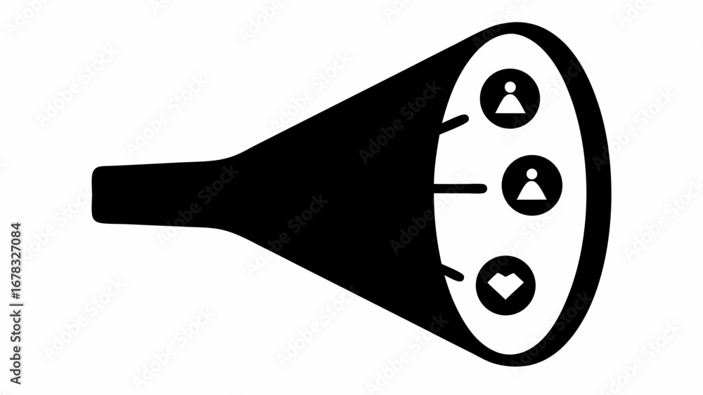 Aufkleber black funnel with three icons inside representing user profile and a heart on a white background sil