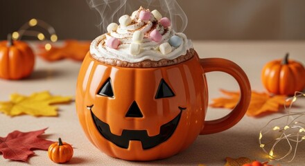 Enjoy a delicious Halloween treat with a pumpkin mug filled with hot chocolate and marshmallows
