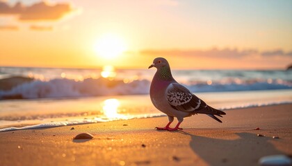 Fototapeta premium Pigeon Standing on Sandy Beach at Sunset with Ocean Waves