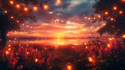 Fototapeta premium Magical evening outdoor scene with fairy lights high resolution picture