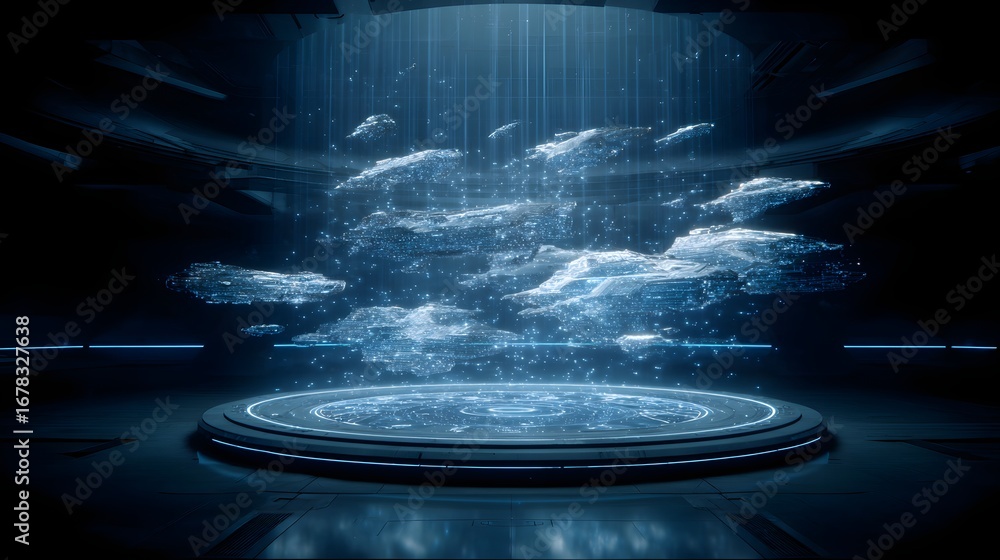 Poster futuristic platform with holographic display for product showcase and technology presentation stage 