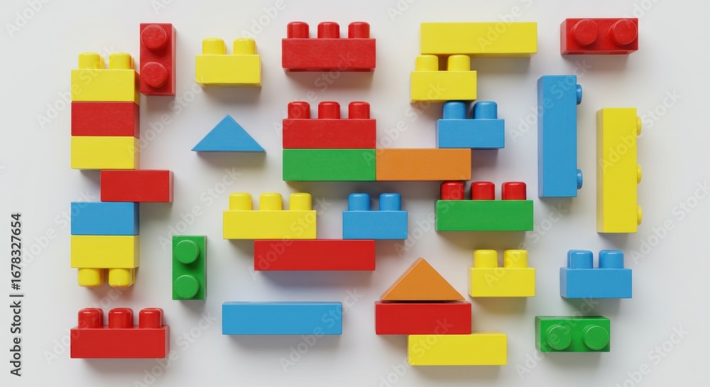 Poster colorful plastic building blocks arranged on a white surface, creating a playful and geometric compo