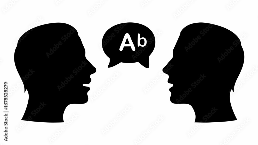 Poster silhouette of two heads facing each other with a speech bubble containing the letters ab in between 