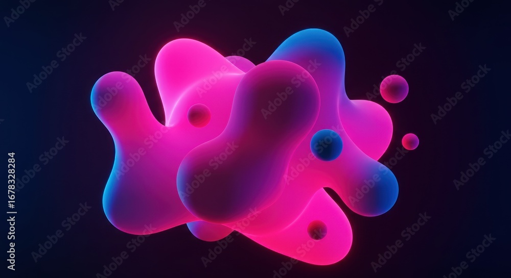 Aufkleber abstract rendering of interconnected blobs in pink and blue, with small spheres floating nearby, aga